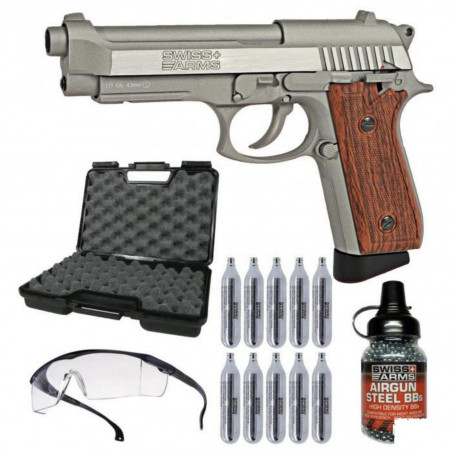 Pack Pistolet Airgun Stainless P92 Culasse Mobile + Gaz Co2 + Billes Métal + Mallette + Lunette