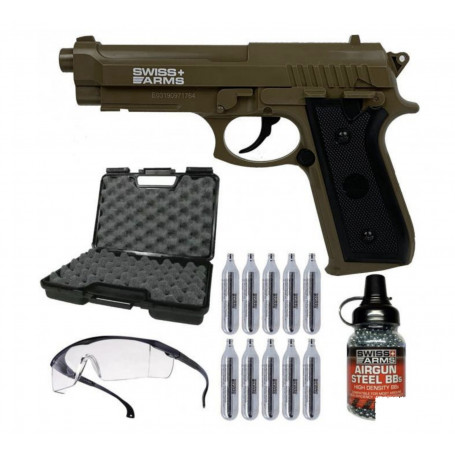 Pack Pistolet Airgun P92 TAN Co2 4.5 mm + Sparclettes + Billes Métal + Mallette + Lunette